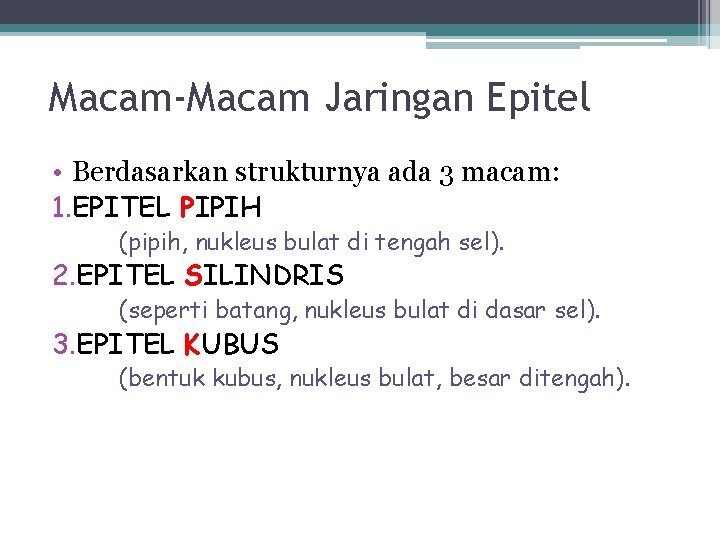 Macam-Macam Jaringan Epitel • Berdasarkan strukturnya ada 3 macam: 1. EPITEL PIPIH (pipih, nukleus