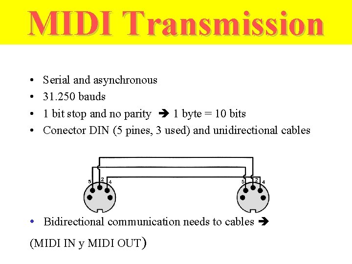 MIDI Transmission • • Serial and asynchronous 31. 250 bauds 1 bit stop and