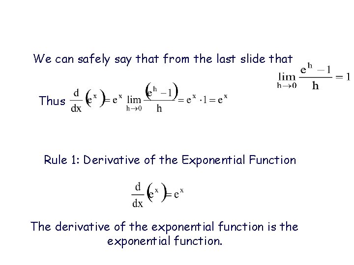 We can safely say that from the last slide that Thus Rule 1: Derivative We can safely say that from the last slide that Thus Rule 1: Derivative