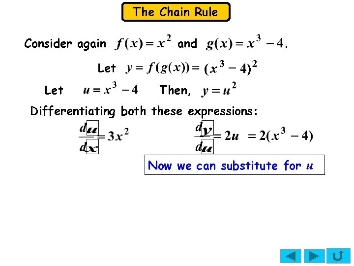 The Chain Rule Consider again and 3 2 (x 4) Let . Then, Differentiating The Chain Rule Consider again and 3 2 (x 4) Let . Then, Differentiating