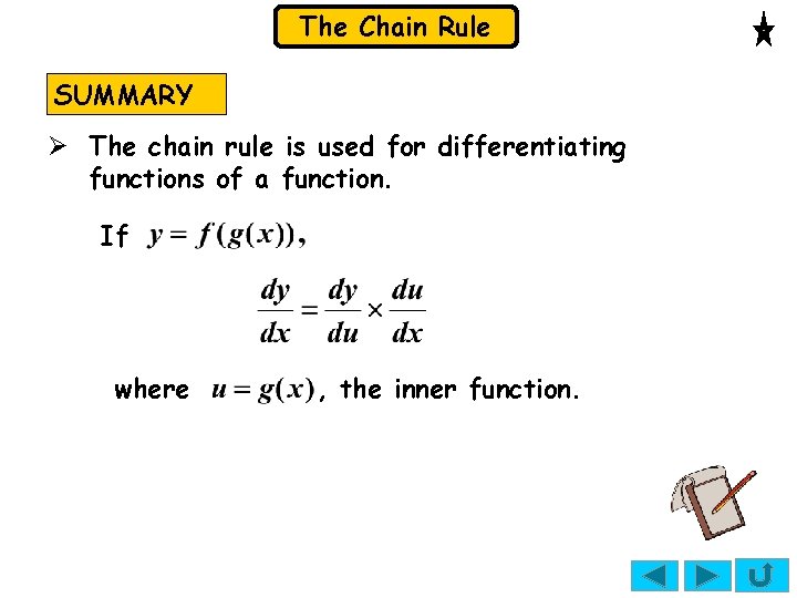 The Chain Rule SUMMARY Ø The chain rule is used for differentiating functions of The Chain Rule SUMMARY Ø The chain rule is used for differentiating functions of
