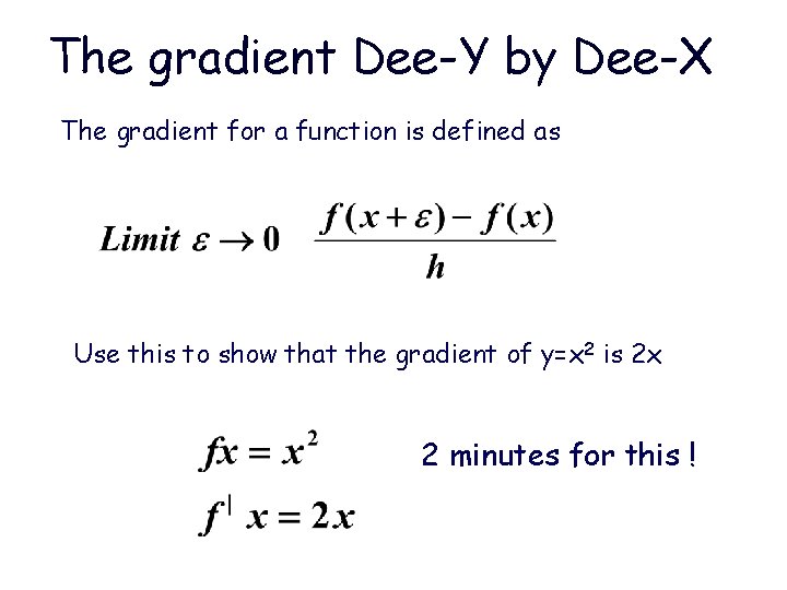 The gradient Dee-Y by Dee-X The gradient for a function is defined as Use The gradient Dee-Y by Dee-X The gradient for a function is defined as Use