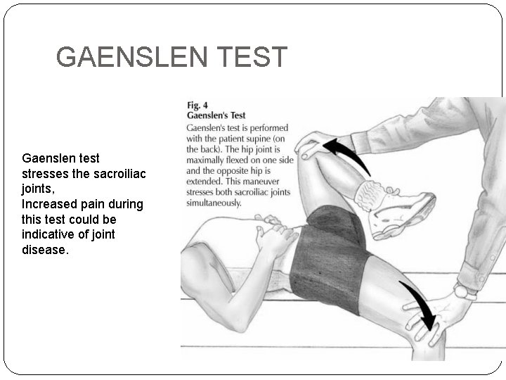 GAENSLEN TEST Gaenslen test stresses the sacroiliac joints, Increased pain during this test could