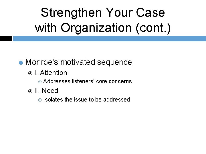 Strengthen Your Case with Organization (cont. ) = Monroe’s motivated sequence I. Attention Addresses