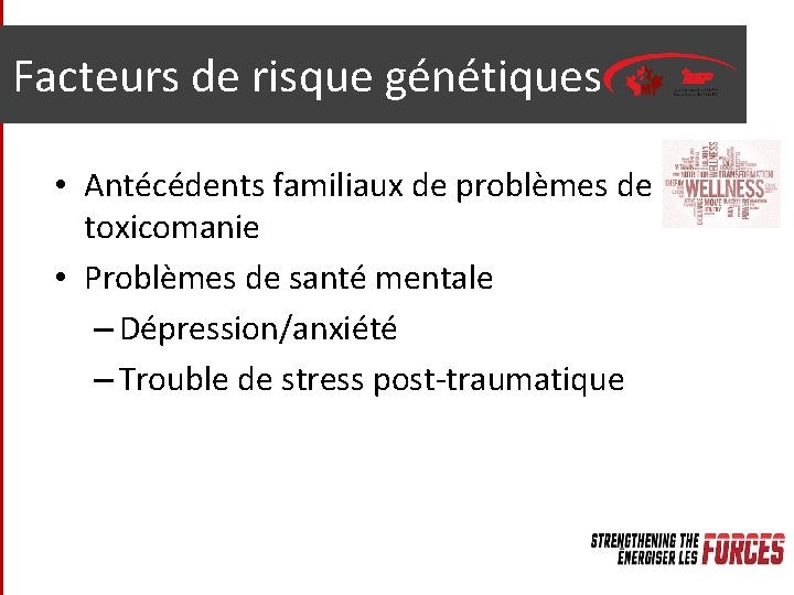 Facteurs de risque génétiques • Antécédents familiaux de problèmes de toxicomanie • Problèmes de