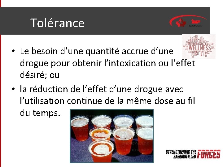 Tolérance • Le besoin d’une quantité accrue d’une drogue pour obtenir l’intoxication ou l’effet