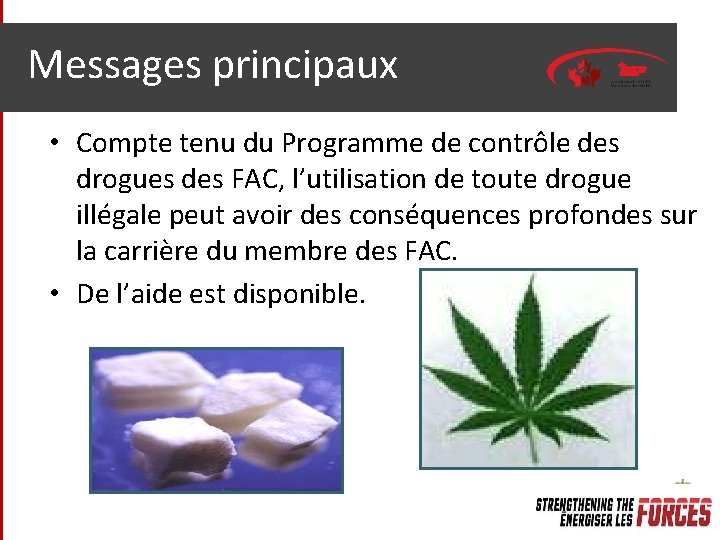 Messages principaux • Compte tenu du Programme de contrôle des drogues des FAC, l’utilisation