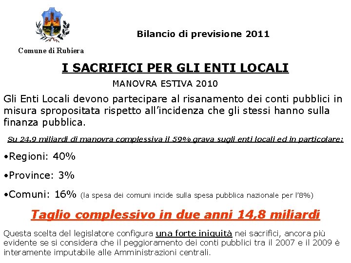 Bilancio di previsione 2011 Comune di Rubiera I SACRIFICI PER GLI ENTI LOCALI MANOVRA