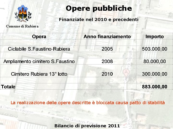 Opere pubbliche Finanziate nel 2010 e precedenti Comune di Rubiera La realizzazione delle opere