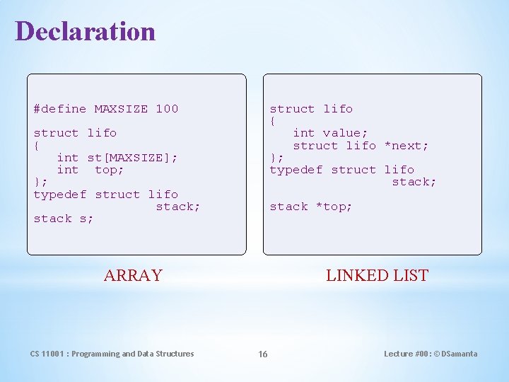 Declaration #define MAXSIZE 100 struct lifo { int value; struct lifo *next; }; typedef