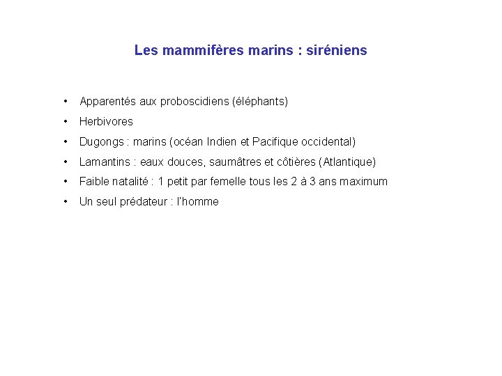 Les mammifères marins : siréniens • Apparentés aux proboscidiens (éléphants) • Herbivores • Dugongs