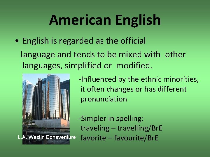 American English • English is regarded as the official language and tends to be