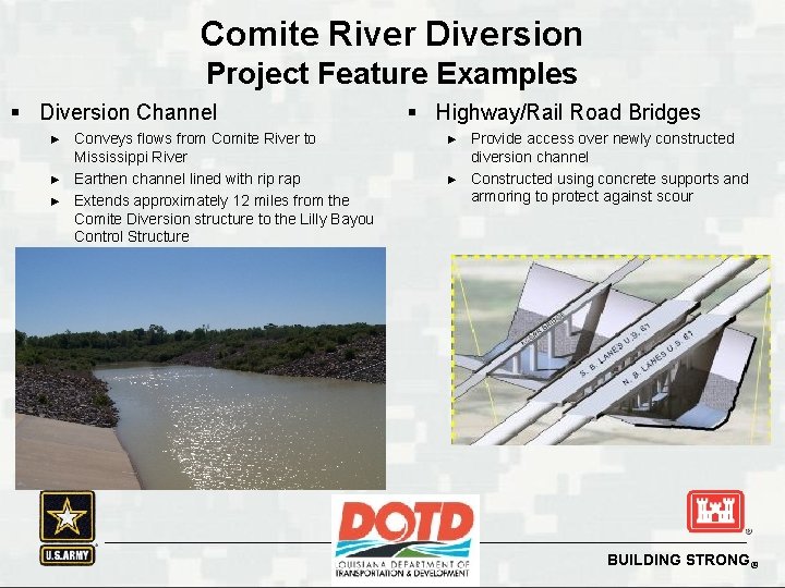 Comite River Diversion Project Feature Examples § Diversion Channel ► ► ► § Highway/Rail