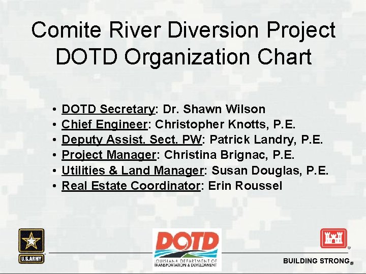 Comite River Diversion Project DOTD Organization Chart • • • DOTD Secretary: Dr. Shawn