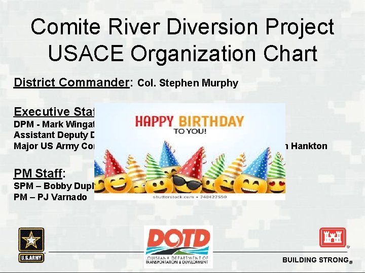 Comite River Diversion Project USACE Organization Chart District Commander: Col. Stephen Murphy Executive Staff: