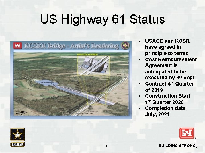 US Highway 61 Status • USACE and KCSR have agreed in principle to terms