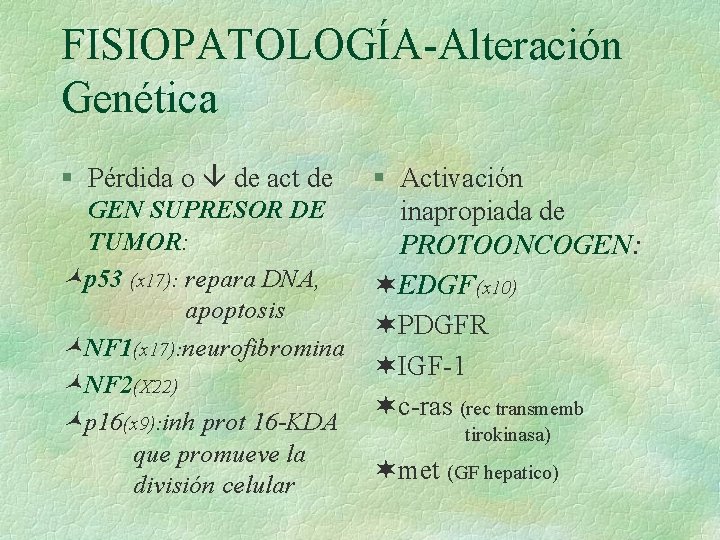 FISIOPATOLOGÍA-Alteración Genética § Pérdida o de act de § Activación GEN SUPRESOR DE inapropiada