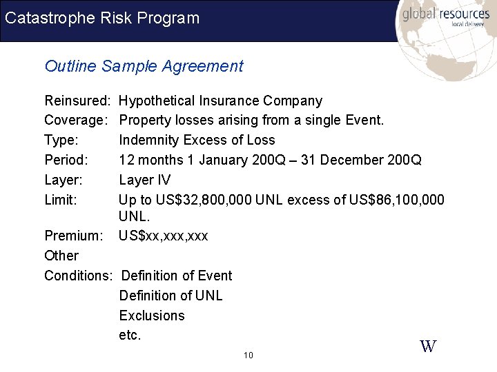 Catastrophe Risk Program Outline Sample Agreement Reinsured: Coverage: Type: Period: Layer: Limit: Hypothetical Insurance