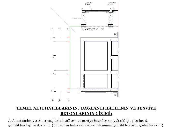 TEMEL ALTI HATILLARININ, BAĞLANTI HATILININ VE TESVİYE BETONLARININ ÇİZİMİ: A-A kesitinden yardımcı çizgilerle hatılların