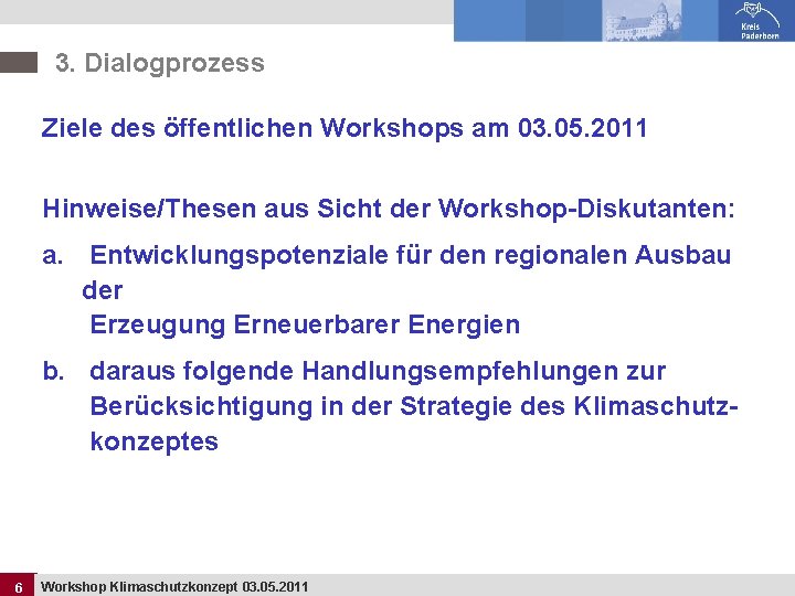 3. Dialogprozess Ziele des öffentlichen Workshops am 03. 05. 2011 Hinweise/Thesen aus Sicht der