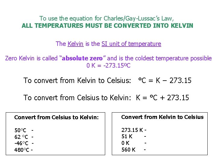 To use the equation for Charles/Gay-Lussac’s Law, ALL TEMPERATURES MUST BE CONVERTED INTO KELVIN