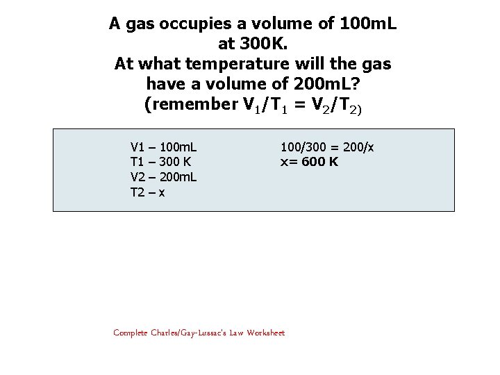 A gas occupies a volume of 100 m. L at 300 K. At what