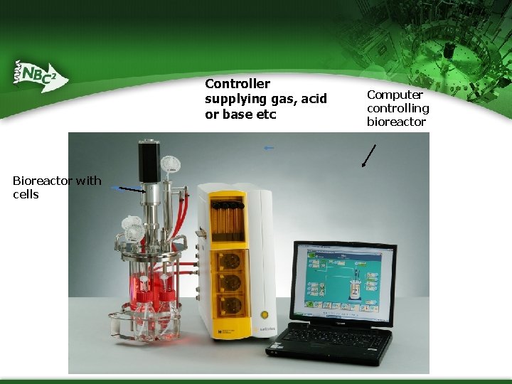 Controller supplying gas, acid or base etc Bioreactor with cells Computer controlling bioreactor 