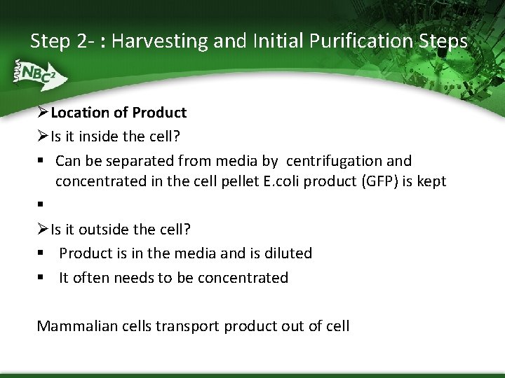 Step 2 - : Harvesting and Initial Purification Steps ØLocation of Product ØIs it