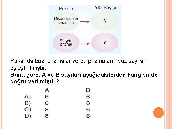 Yukarıda bazı prizmalar ve bu prizmaların yüz sayıları eşleştirilmiştir. Buna göre, A ve B