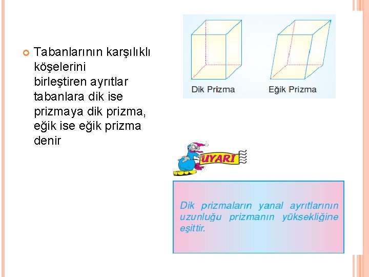  Tabanlarının karşılıklı köşelerini birleştiren ayrıtlar tabanlara dik ise prizmaya dik prizma, eğik ise