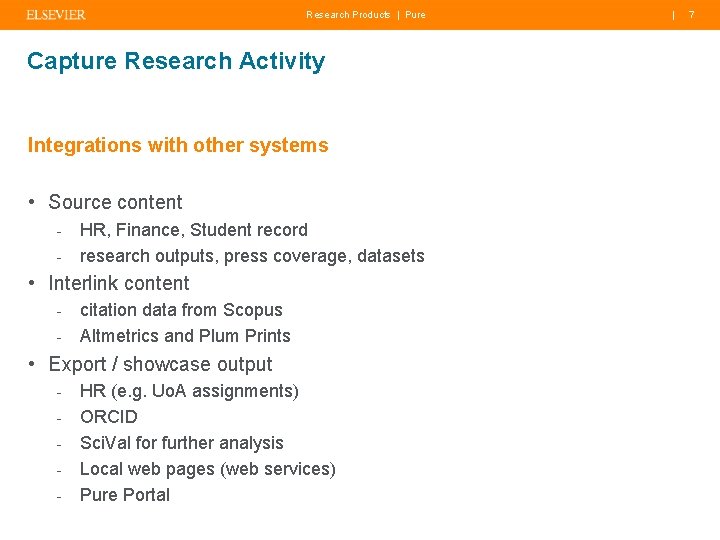 Research Products | Pure Capture Research Activity Integrations with other systems • Source content