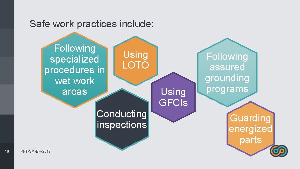 Safe work practices include: Following specialized procedures in wet work areas Using LOTO Conducting