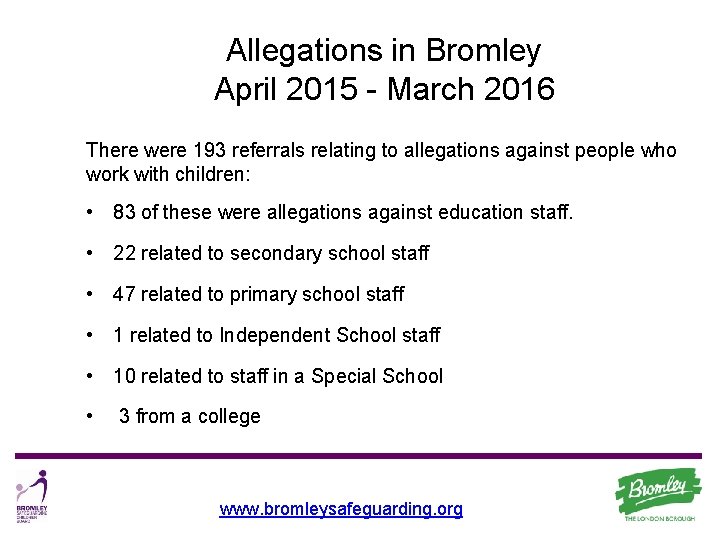 Allegations in Bromley April 2015 - March 2016 There were 193 referrals relating to