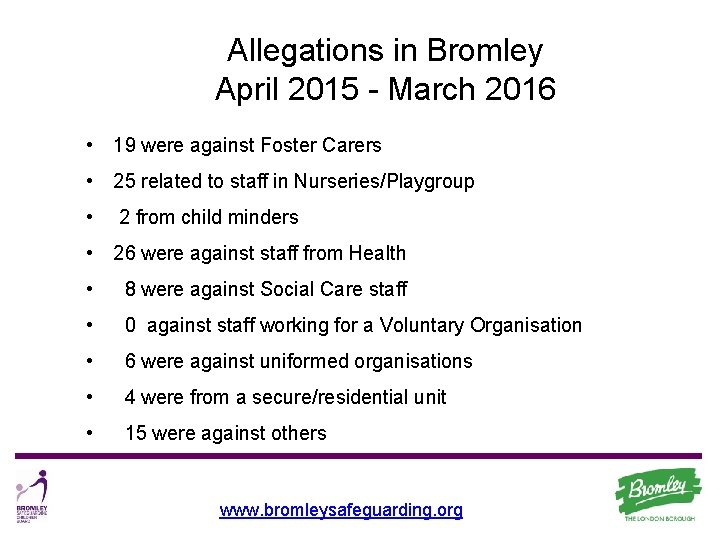 Allegations in Bromley April 2015 - March 2016 • 19 were against Foster Carers