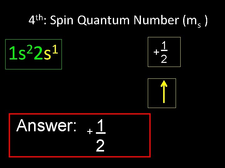 4 th: Spin Quantum Number (ms ) 1 + 2 2 1 1 s