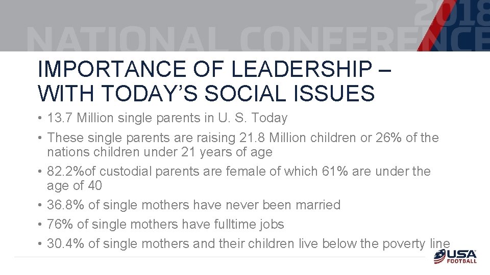 IMPORTANCE OF LEADERSHIP – WITH TODAY’S SOCIAL ISSUES • 13. 7 Million single parents