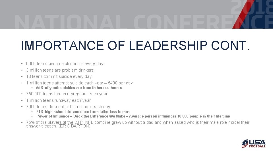 IMPORTANCE OF LEADERSHIP CONT. • • 6000 teens become alcoholics every day 3 million