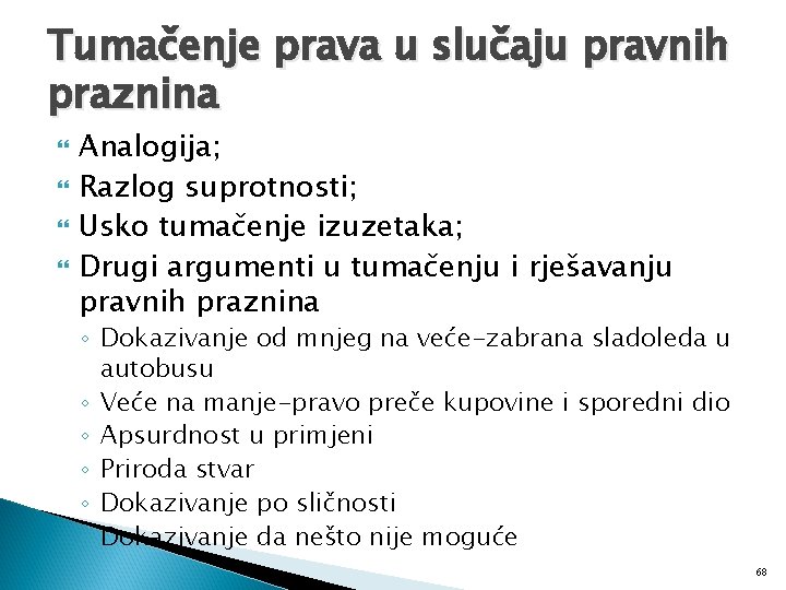 Tumačenje prava u slučaju pravnih praznina Analogija; Razlog suprotnosti; Usko tumačenje izuzetaka; Drugi argumenti