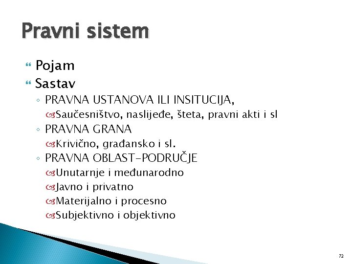 Pravni sistem Pojam Sastav ◦ PRAVNA USTANOVA ILI INSITUCIJA, Saučesništvo, naslijeđe, šteta, pravni akti