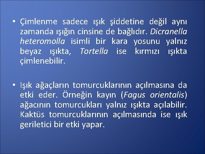  • Çimlenme sadece ışık şiddetine değil aynı zamanda ışığın cinsine de bağlıdır. Dicranella