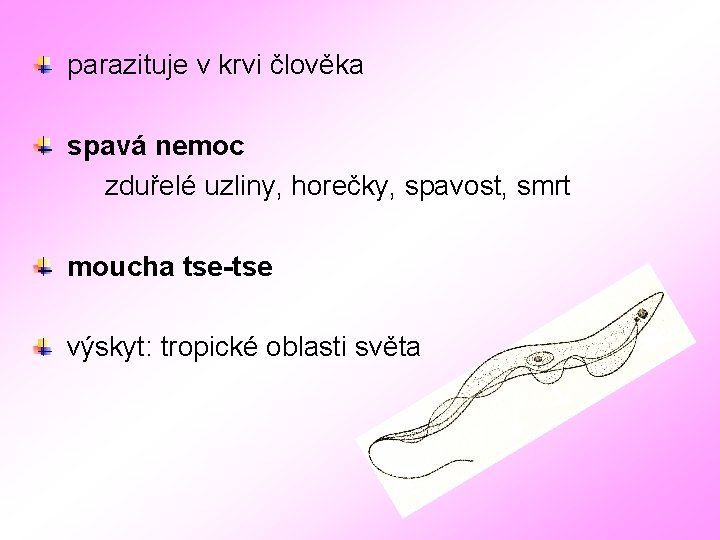 parazituje v krvi člověka spavá nemoc zduřelé uzliny, horečky, spavost, smrt moucha tse-tse výskyt: