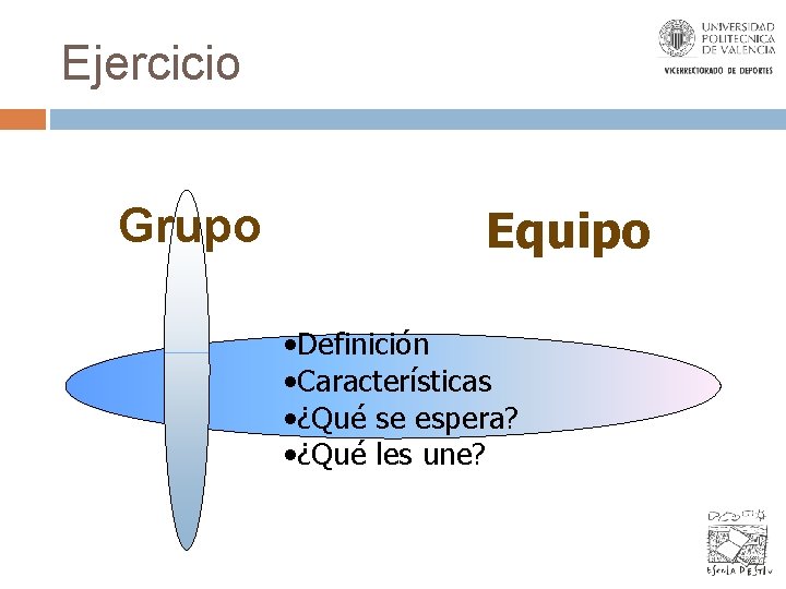 Ejercicio Grupo Equipo • Definición • Características • ¿Qué se espera? • ¿Qué les