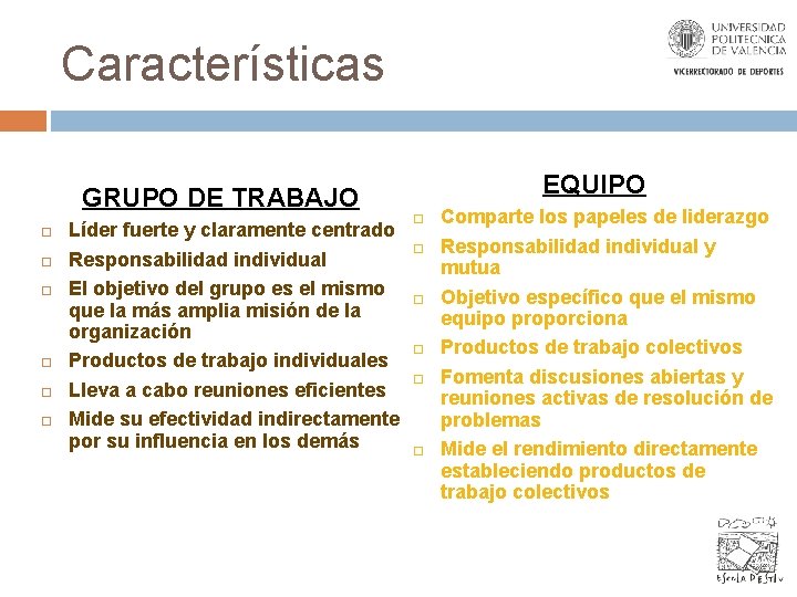 Características EQUIPO GRUPO DE TRABAJO Líder fuerte y claramente centrado Responsabilidad individual El objetivo