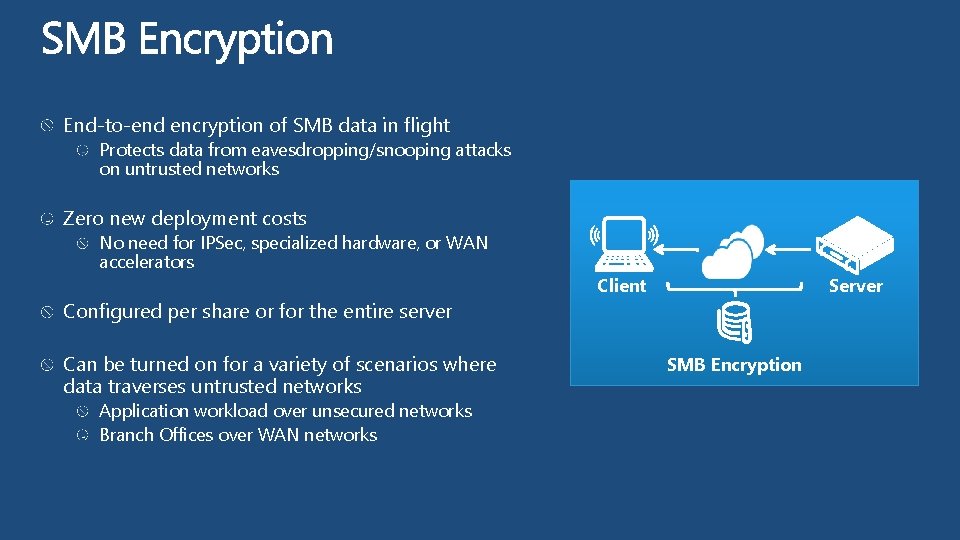 End-to-end encryption of SMB data in flight Protects data from eavesdropping/snooping attacks on untrusted