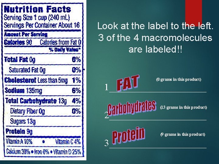 Look at the label to the left. 3 of the 4 macromolecules are labeled!!