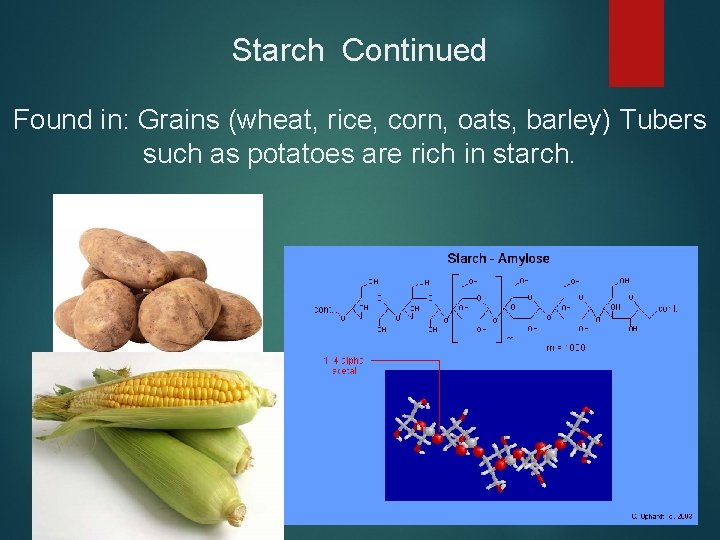 Starch Continued Found in: Grains (wheat, rice, corn, oats, barley) Tubers such as potatoes