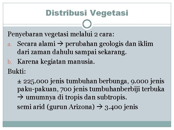 Distribusi Vegetasi Penyebaran vegetasi melalui 2 cara: a. Secara alami perubahan geologis dan iklim