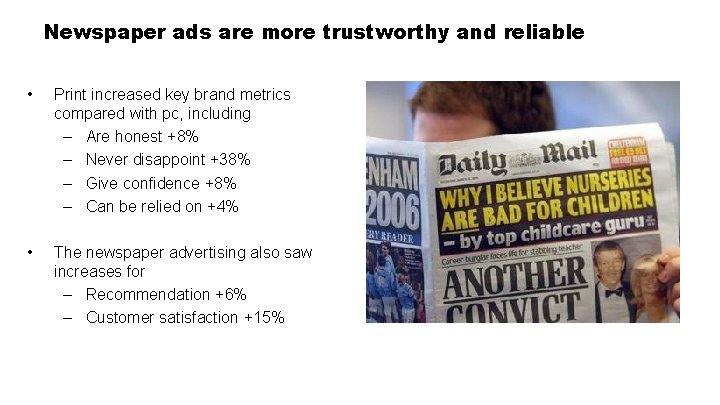 Newspaper ads are more trustworthy and reliable • Print increased key brand metrics compared