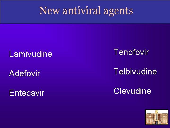 New antiviral agents Lamivudine Tenofovir Adefovir Telbivudine Entecavir Clevudine 