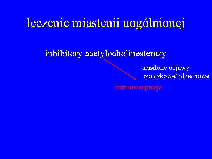 leczenie miastenii uogólnionej inhibitory acetylocholinesterazy uogólniona łagodna MG tymektomia nasilone objawy opuszkowe/oddechowe immunosupresja brak